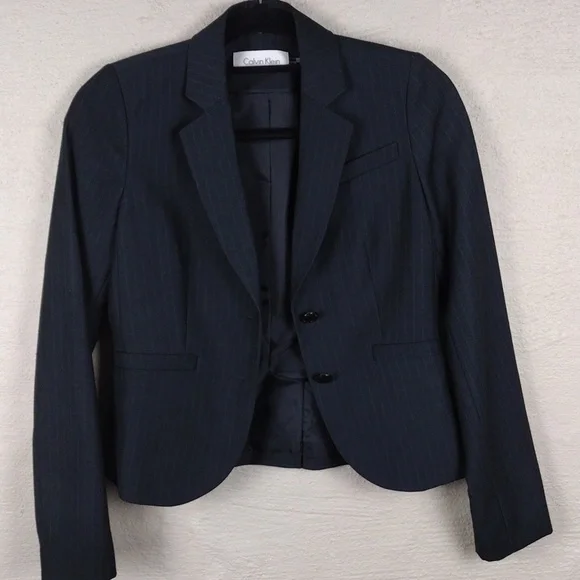 Calvin Klein Black Pinstripe One Notch Two Button Front Long Sleeve Crop Blazer - Picture 4 of 13